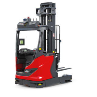 The autonomous R-MATIC reach truck from Linde Material Handling transports and stores and retrieves goods up to 1600 kg at lifting heights of up to more than eleven meters.