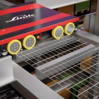 Linde Material Handlingin S-MATIC cube -hyllyjärjestelmän lavasukkula.